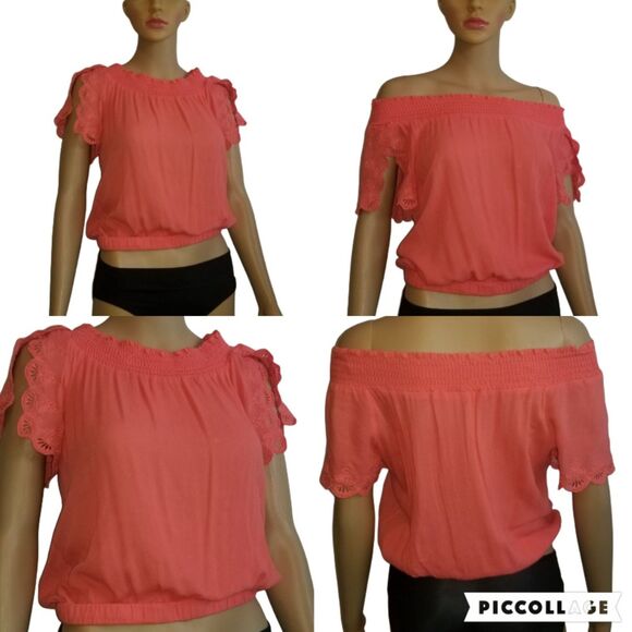 Lulumari Coral Orange Cropped Boho Smocked Off Shoulder Top sz S - Picture 3 of 11